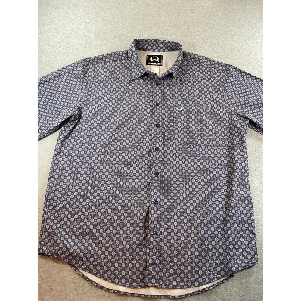 Cinch Mens Blue Geometric Floral Short Sleeve Button Down Western Shirt XL #672